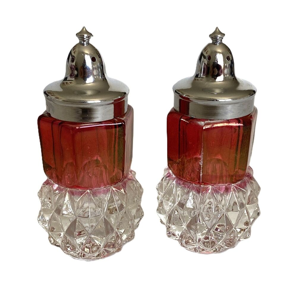 VTG Indiana Glass Co Rubby Red King Crown Diamond Point Salt Pepper Shakers Flaw